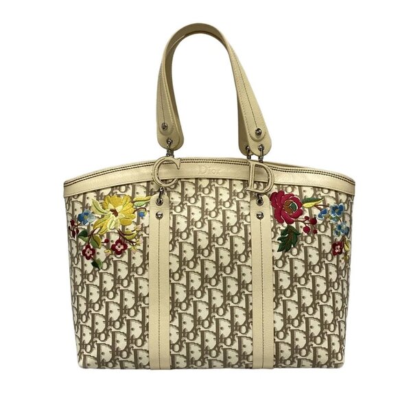 Auth DIOR/ChristianDior Flower,Trotter - Cream Dark Brown Multi Canvas Leather - Picture 1 of 16